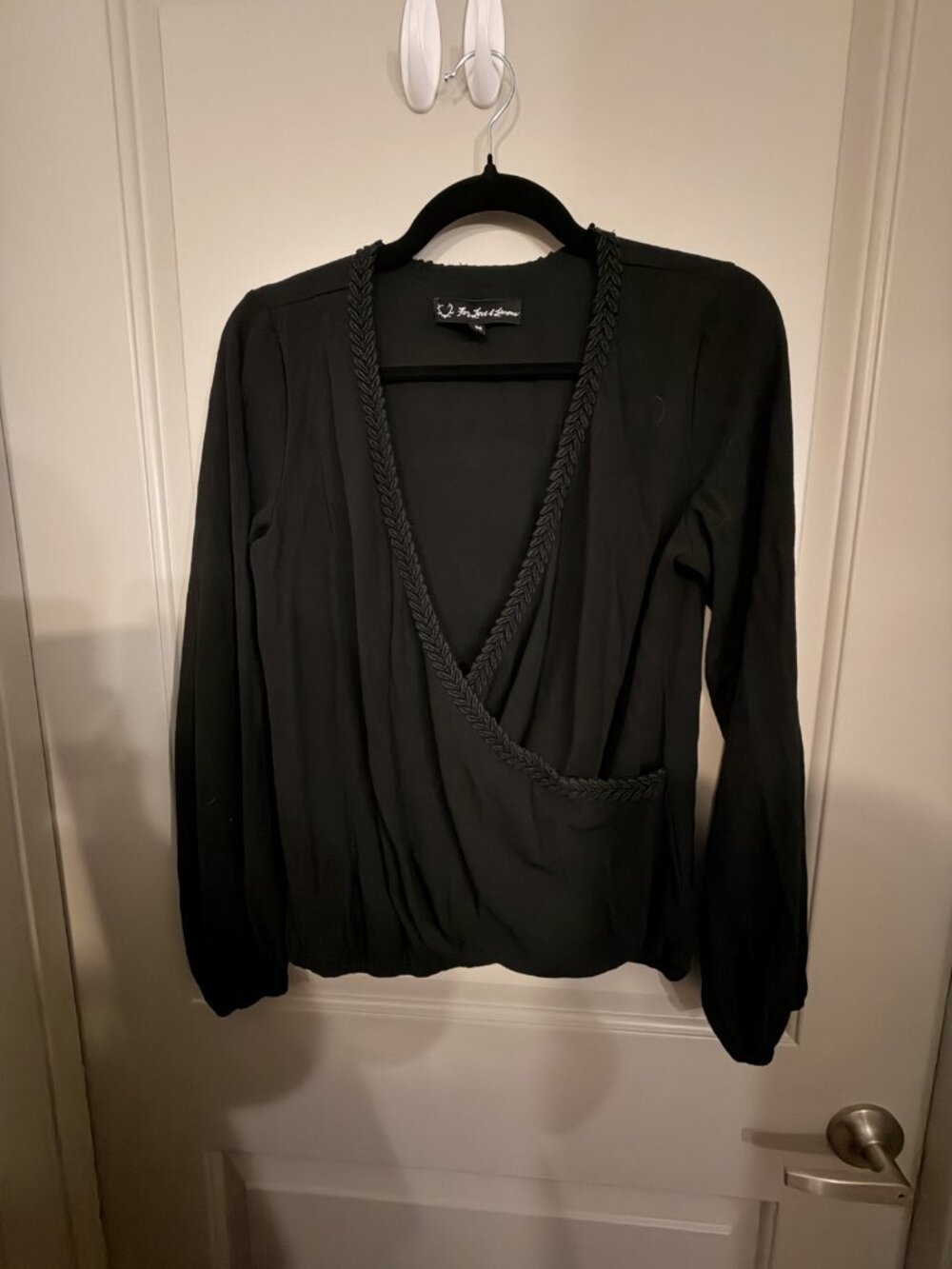 For Love & Lemons Black Wrap V Neck Long Sleeve Blouse M